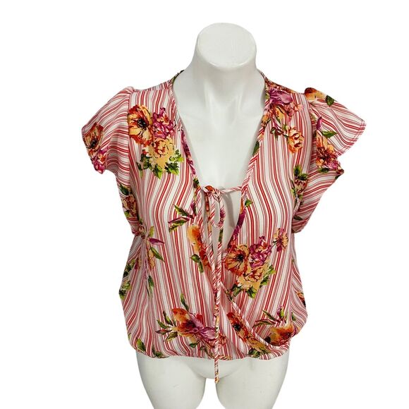 The Outfit Blouse Womens Medium Stripe Floral Surplice Work Office Beach Coastal - Picture 6 of 15